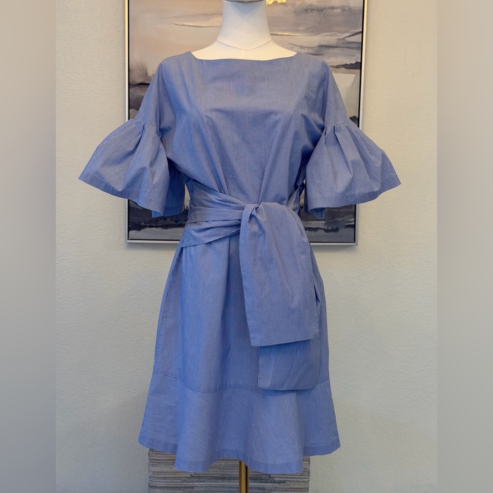 100% cotton Blue White Striped Midi Dress with Flare Sleeves